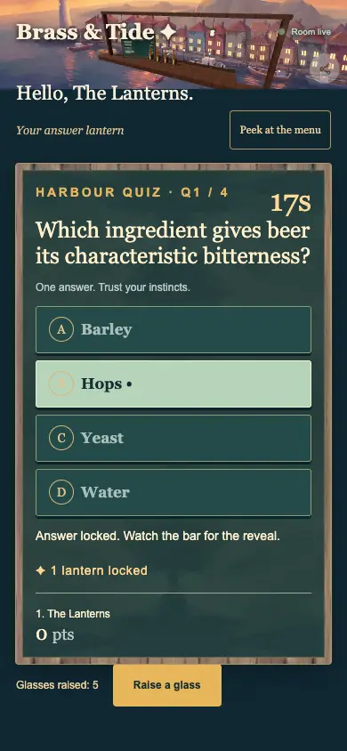 Brass & Tide — Guests read the menu and answer the quiz.