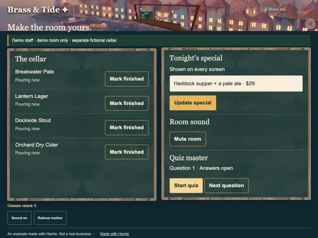 Brass & Tide — Your team changes the menu and runs the quiz.