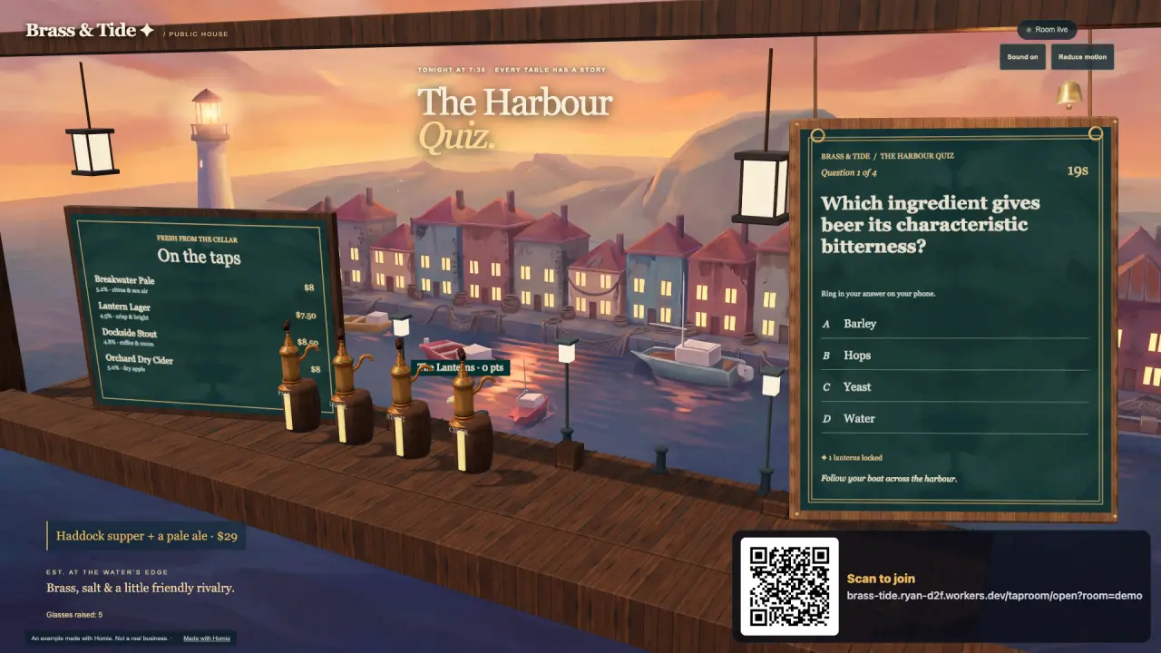 Brass & Tide — The harbour carries the tap list and the teams’ boats.