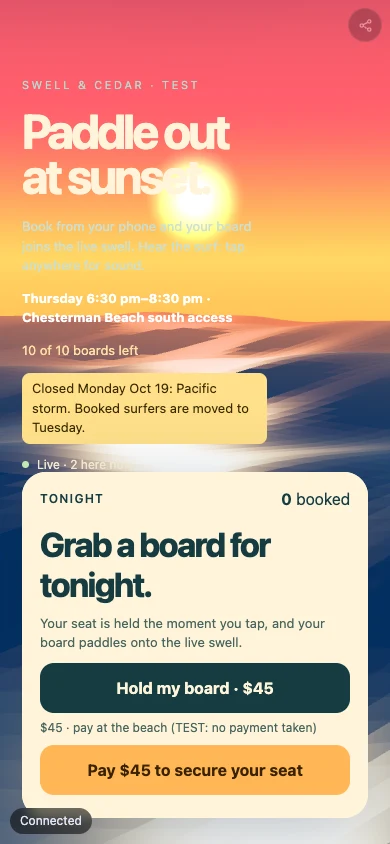 Swell & Cedar surf school — phone screen