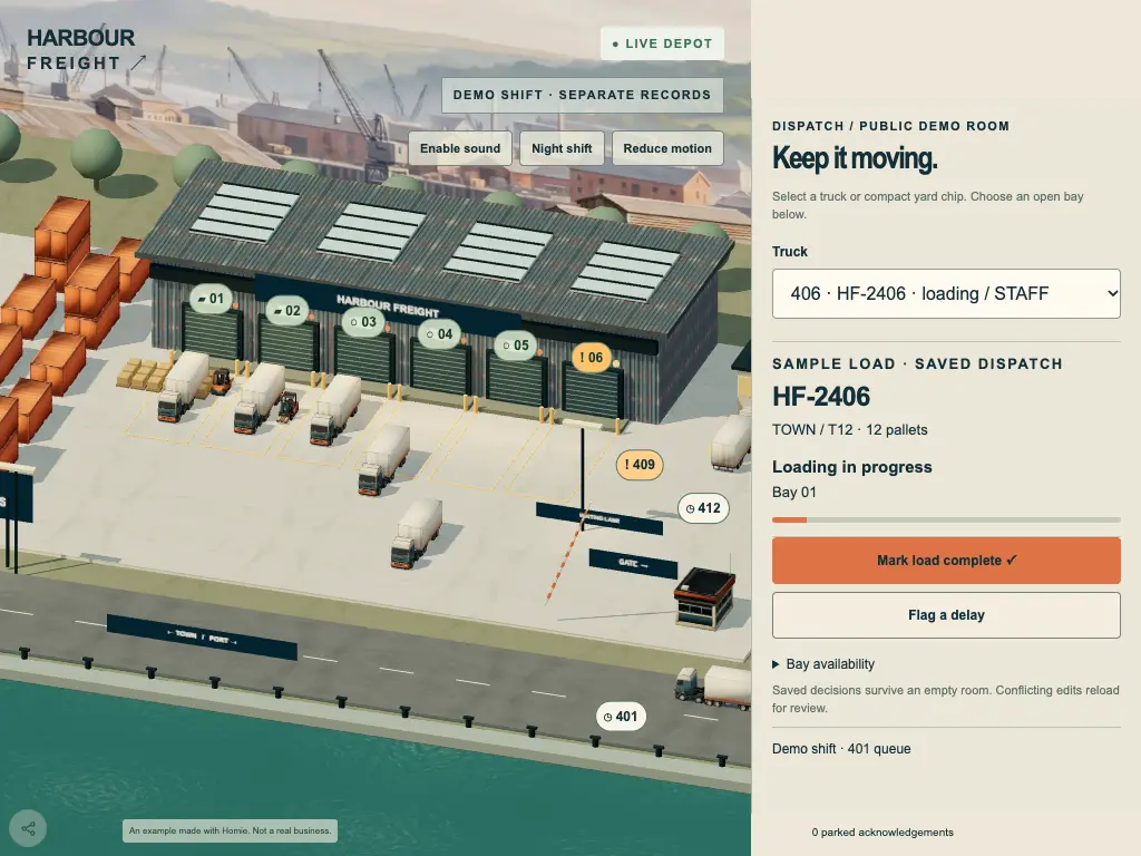 HARBOUR FREIGHT — Dispatchers assign bays and move each load along.