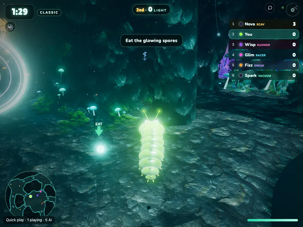 A glowing caterpillar explores the live Glow Worms cave.