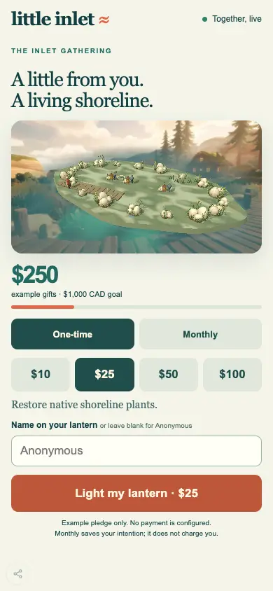 Little Inlet — Supporters send an example pledge and explore the shore.
