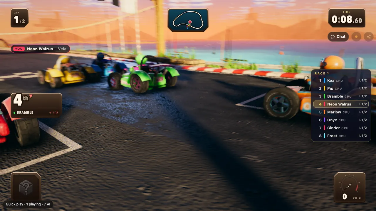 Kart Royale mid-race: karts on a seaside track at sunset, with the lap, the place and the running order on screen.