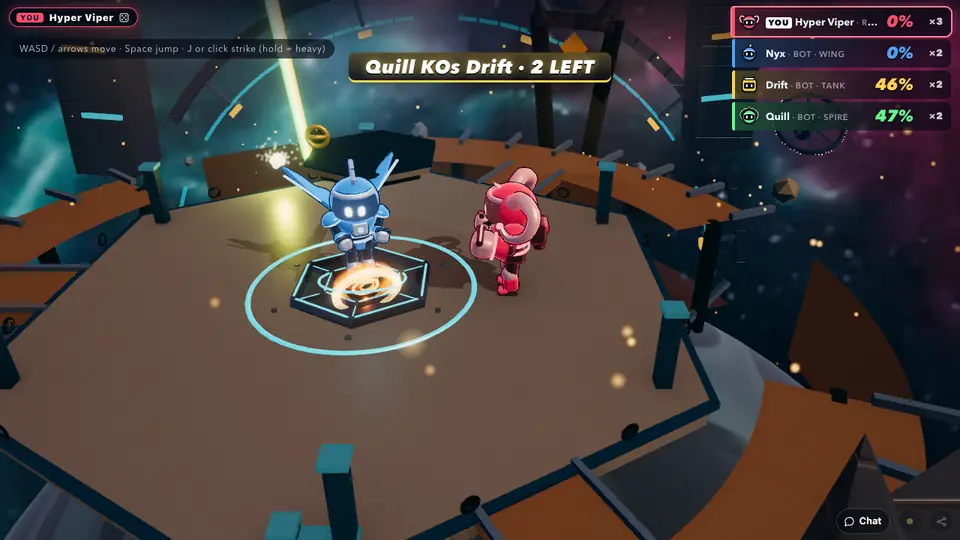 Orbit Smash in play: two robots on a dock, and a scoreboard where three of the four fighters are computer players.