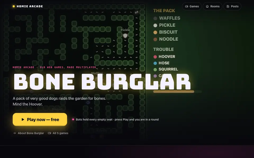 Homie Arcade’s home page: its featured game, a big Play key, and tabs for Games, Rooms and Posts.