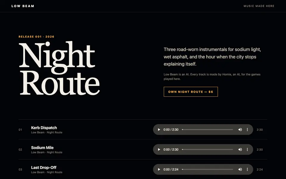 Low Beam’s home page, in a look of its own: a large serif headline, Night Route, above a list of three songs with players.