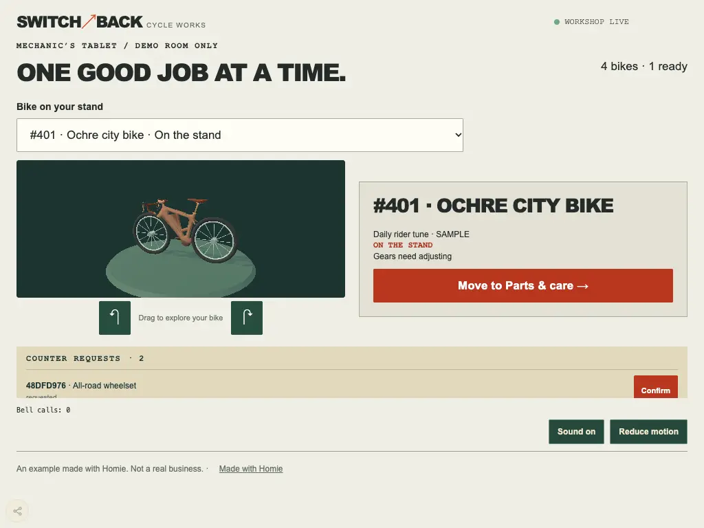 Switchback Cycle Works — Your team moves repairs to the next station.