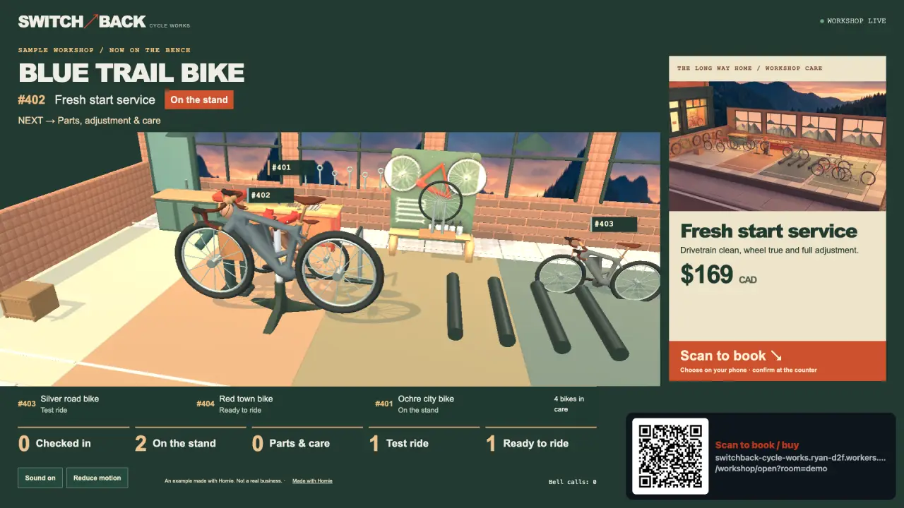 Switchback Cycle Works — Bikes move between repair stations beside products and services.