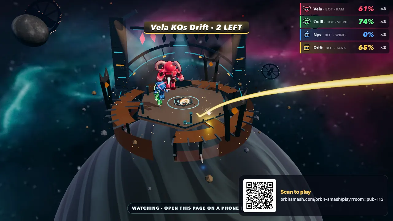 Orbit Smash on a big screen: robots fighting on a dock in space, the scores, and a code that says Scan to play.