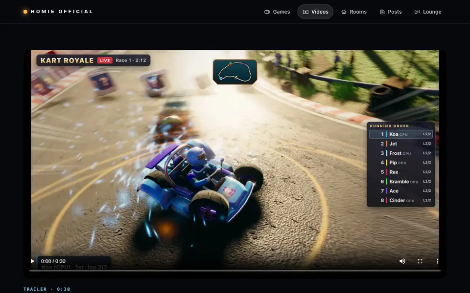 The Kart Royale trailer on its own page: a kart drifting with sparks, in a video player.