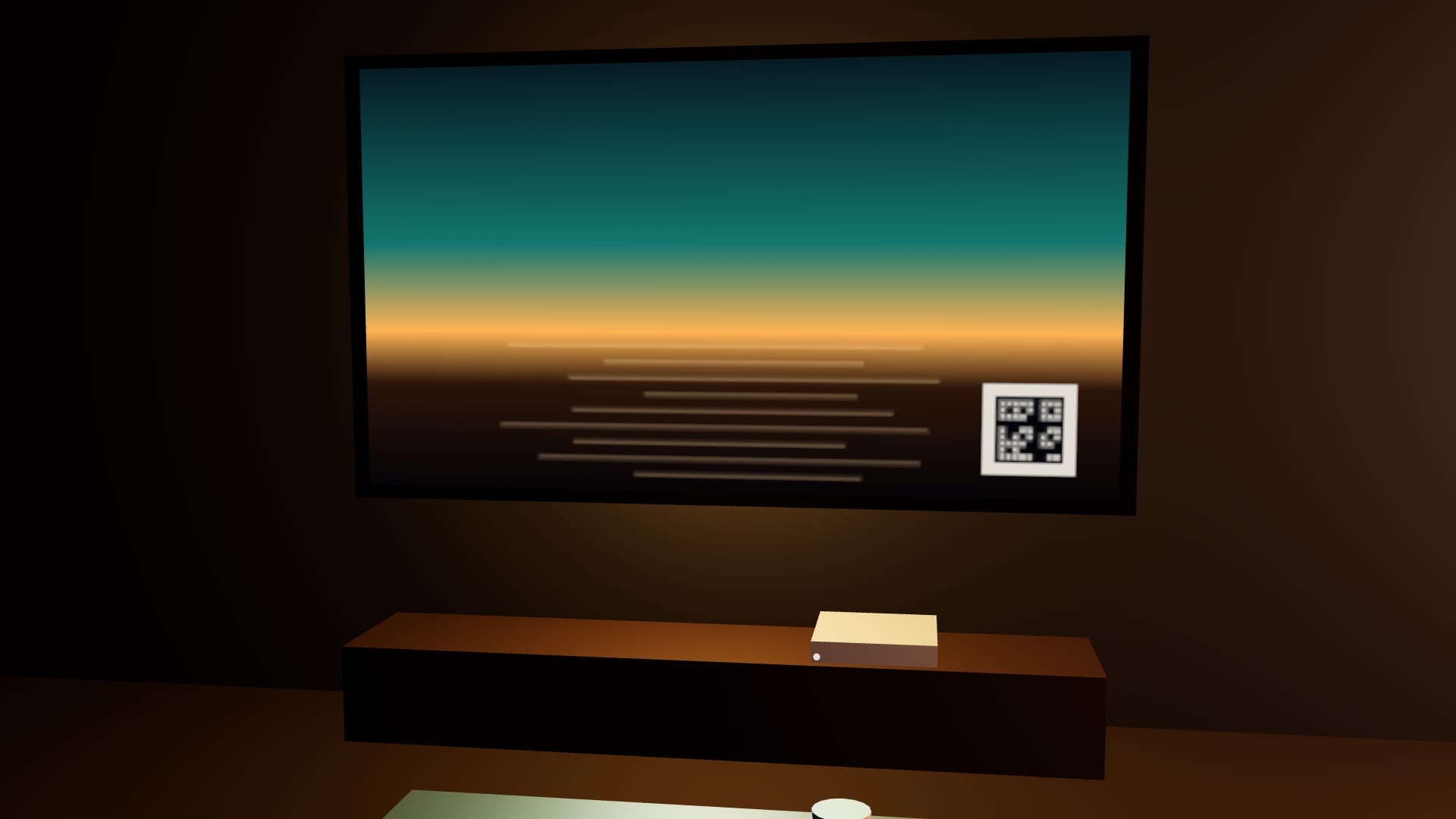 The television on the wall, the hearth on it, and the square in its corner that a phone scans to join