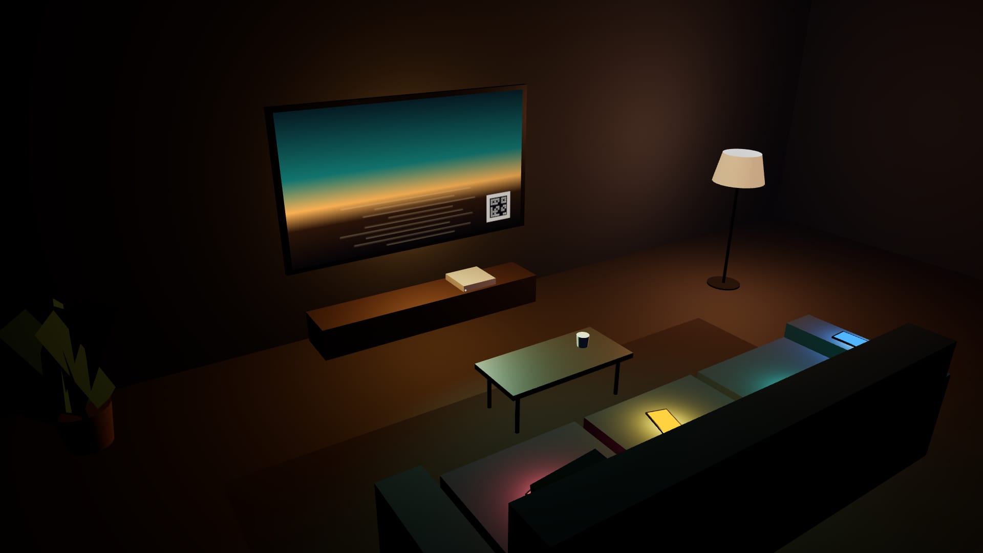 A living room at night: a television glowing on the wall, a small box beneath it, and four phones on the sofa lit in four colours