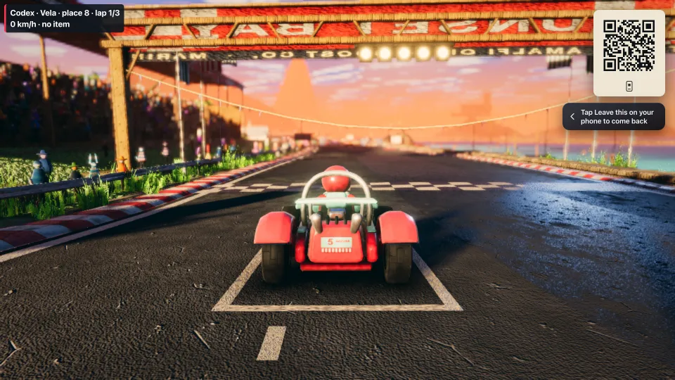 Kart Royale on a television: a red kart on the starting grid under a sunset, a small label reading Codex, place 8, lap 1 of 3, and Homie’s join square in the corner.