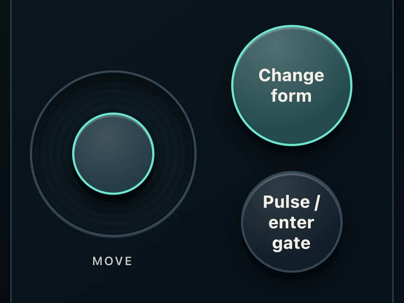 A phone as the controller for Manyworlds: a MOVE stick and two keys, Change form and Pulse / enter gate.