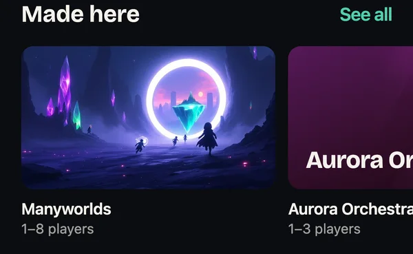 A phone showing Homie’s Made here shelf: Manyworlds, for 1 to 8 players, and Aurora Orchestra, for 1 to 3 players.